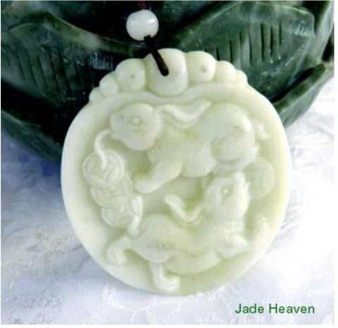 "Virtuous Rabbit Brings Luck and Wealth" White  Burmese Jadeite Pendant (JHP109)