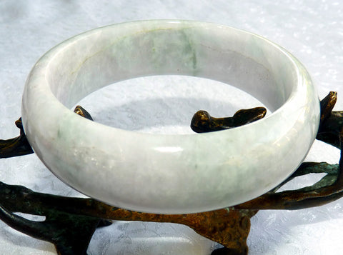 "Mysterious" Green Lavender Hues on White Burmese Jadeite "Old Mine" Bangle Bracelet 60mm (JHBB-3297)