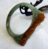 Sale-Vintage "Old Mine" Burmese Jadeite Oval Carved Bangle Bracelet Fits Like 58 mm (JHBB3011)