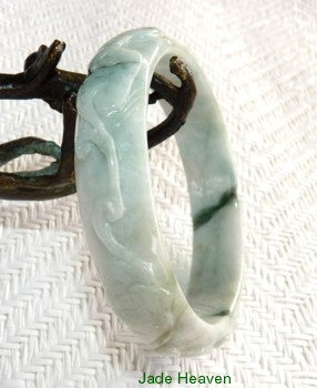 Sale-"Happiness, Healthy, Good Fortune" Burmese Jadeite Carved Bangle Bracelet 57.5mm (JHBB602)