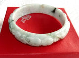 "Happiness, Healthy, Good Fortune" Burmese Jadeite Carved Bangle Bracelet 57.5mm (JHBB602)