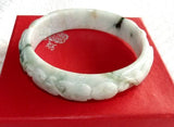 Sale-"Happiness, Healthy, Good Fortune" Burmese Jadeite Carved Bangle Bracelet 57.5mm (JHBB602)