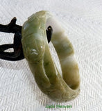 Dragon and Phoenix Bring Wealth" Mossy Green and White Carved Jadeite Jade Bangle 58mm (JHBB605)