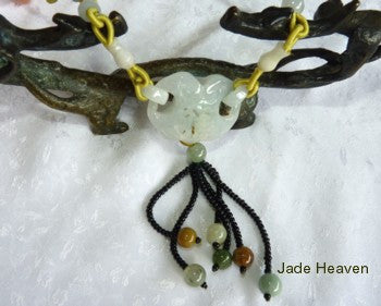 Auspicious Lucky Jadeite Jade Hollow Carved Pendant Necklace (JHNECK-11)