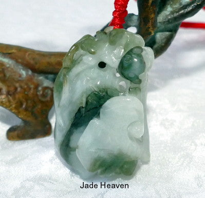 Sale-"Monkey Peach Lotus" 3-D Carved Burmese Jadeite Pendant (JHP-132)