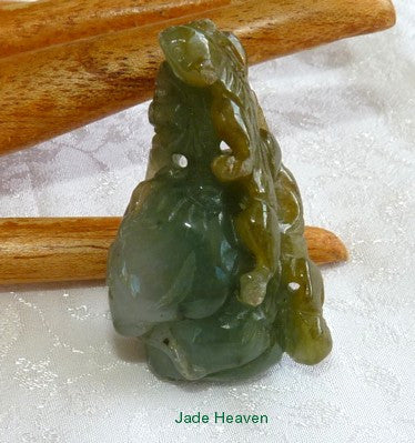 Sale-"Monkey Protects 2 Peaches" Older Burmese Jadeite  3-D Pendant (JHP131)