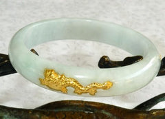 Sale-Vintage Jadeite Jade Bangle Bracelet with 24K Gold Dragon and Phoenix A Grade 56.5mm (JHBB270)