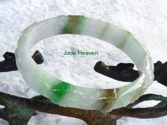 Sale-"Bat and Flowers" Imperial Green Vein Carved Jadeite Jade Bangle Bracelet 60mm (JHBB29