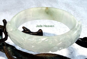 "Glorious Phoenix" White Carved Jadeite Jade Small Oval Bangle Bracelet Fits Like 48mm 49mm (JHBB300)