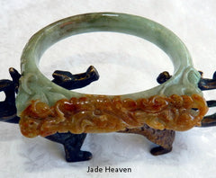 Sale-Vintage "Old Mine" Burmese Jadeite Oval Carved Bangle Bracelet Fits Like 58 mm (JHBB3011)