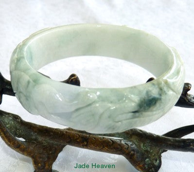 "Dragon and Phoenix Mate for Life" Carved Burmese Jadeite Grade A Bangle Bracelet 57.5mm (JHBB3132)