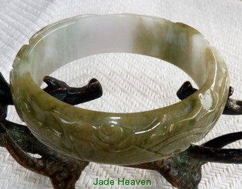 Dragon and Phoenix Bring Wealth" Mossy Green and White Carved Jadeite Jade Bangle 58mm (JHBB605)