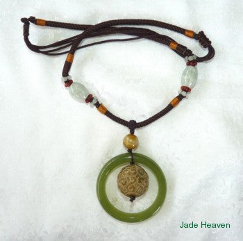 Sale-"Double Heaven" Jade Bangle Necklace with Carved Round Ball (JHNECK-15)