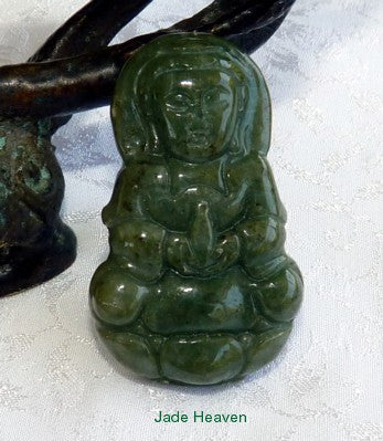 Guan (Kwan) Yin, Buddha of Compassion Green Burmese Jadeite Jade Pendant (JHP-152)