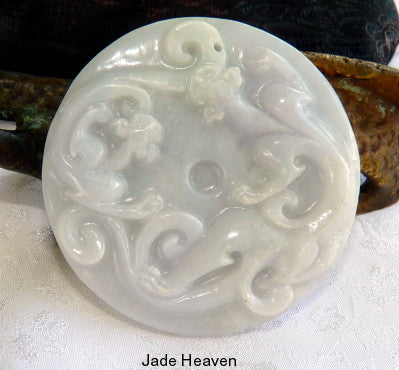 "Dragons Protect" Lavender Hues Burmese Jadeite Carved Pendant (JHP173)
