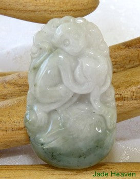 "Monkey Cares for Peach" Carved Old Mine Lao Pit Jadeite Pendant (JHP91)